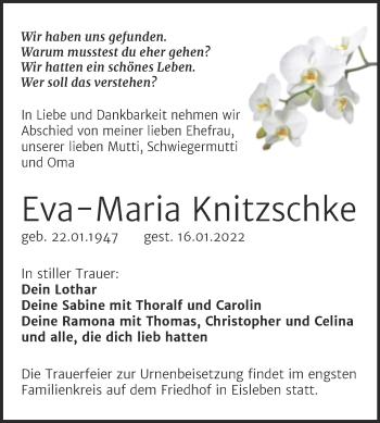Traueranzeige von Eva-Maria Knitzschke von Trauerkombi Mansfelder Land