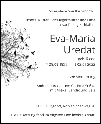 Traueranzeige von Eva-Maria Uredat von Mitteldeutsche Zeitung Bernburg