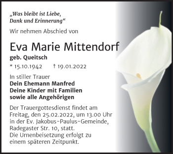 Traueranzeige von Eva Marie Mittendorf von Trauerkombi Dessau
