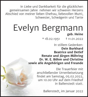 Traueranzeige von Evelyn Bergmann von Trauerkombi Quedlinburg