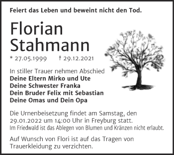 Traueranzeige von Florian Stahmann von Mitteldeutsche Zeitung Merseburg/Querfurt