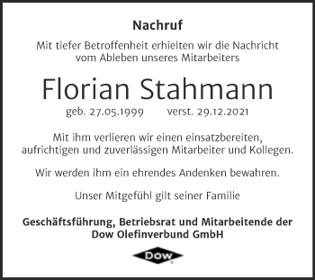 Traueranzeige von Florian Stahmann von Mitteldeutsche Zeitung Weißenfels