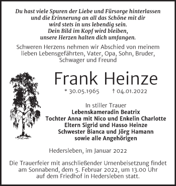 Traueranzeige von Frank Heinze von Trauerkombi Quedlinburg