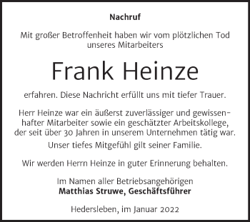 Traueranzeige von Frank Heinze von Super Sonntag Quedlingburg