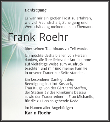 Traueranzeige von Frank Roehr von Trauerkombi Dessau
