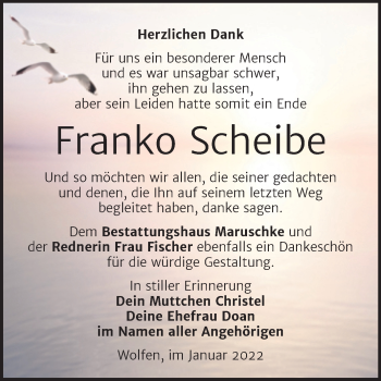 Traueranzeige von Franko Scheibe von Trauerkombi Bitterfeld