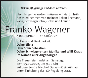 Traueranzeige von Franko Wagener von Trauerkombi Dessau