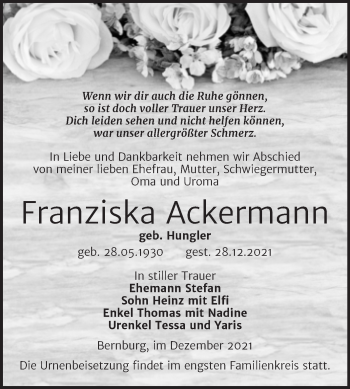 Traueranzeige von Franziska Ackermann von Trauerkombi Bernburg