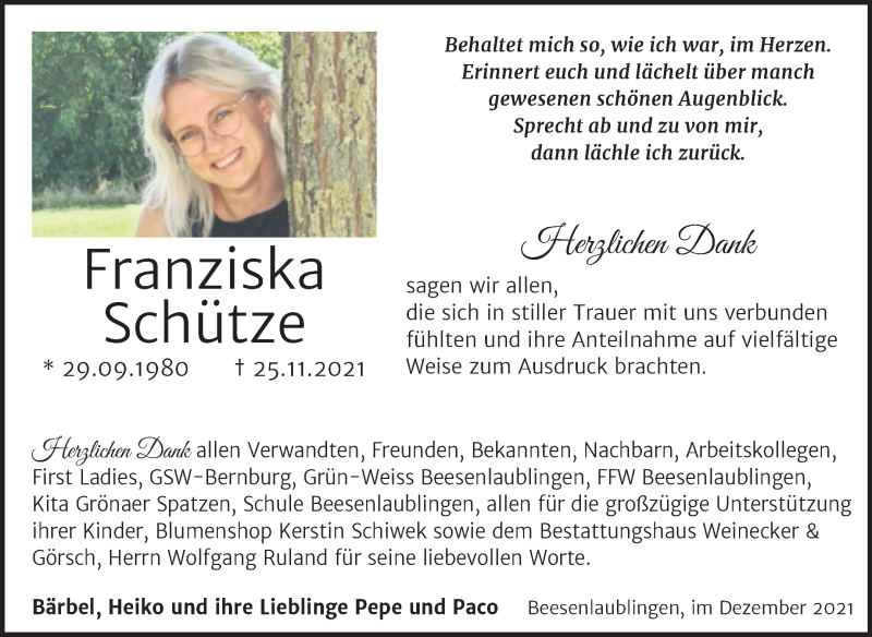  Traueranzeige für Franziska Schütze vom 08.01.2022 aus Trauerkombi Bernburg