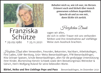 Traueranzeige von Franziska Schütze von Trauerkombi Bernburg