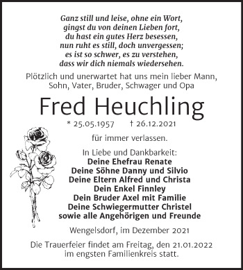 Traueranzeige von Fred Heuchling von Trauerkombi Weißenfels