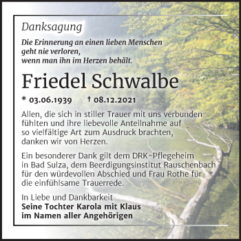 Traueranzeige von Friedel Schwalbe von Wochenspiegel Naumburg/Nebra