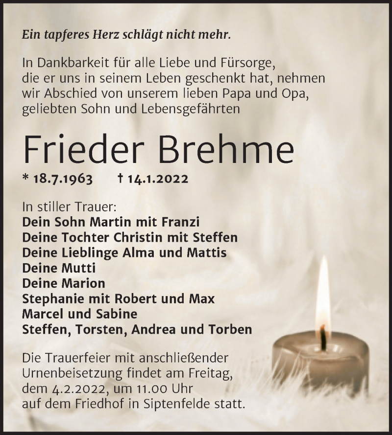  Traueranzeige für Frieder Brehme vom 22.01.2022 aus Trauerkombi Quedlinburg