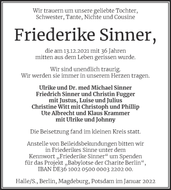 Traueranzeige von Friederike Sinner von Mitteldeutsche Zeitung Halle/Saalkreis