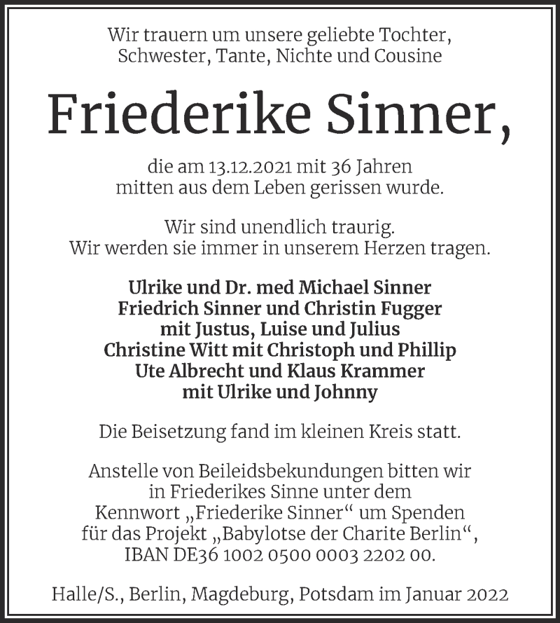  Traueranzeige für Friederike Sinner vom 15.01.2022 aus Mitteldeutsche Zeitung Halle/Saalkreis