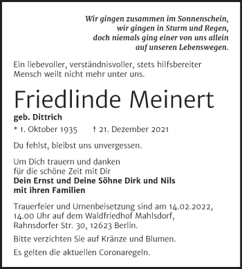 Traueranzeige von Friedlinde Meinert von Trauerkombi Bitterfeld