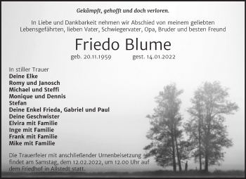 Traueranzeige von Friedo Blume von Trauerkombi Sangerhausen