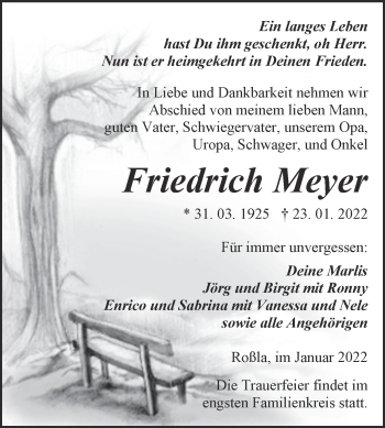 Traueranzeige von Friedrich Meyer von Trauerkombi Sangerhausen