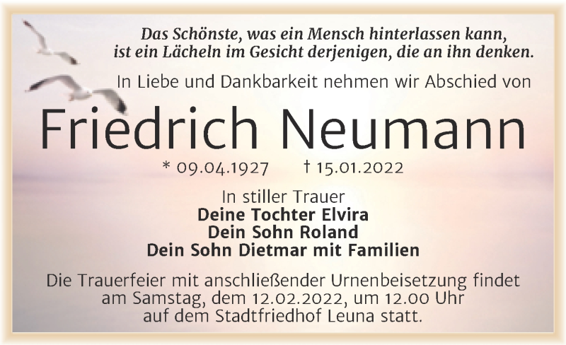  Traueranzeige für Friedrich Neumann vom 29.01.2022 aus Trauerkombi Merseburg