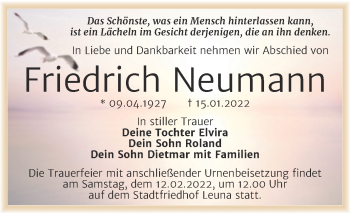 Traueranzeige von Friedrich Neumann von Trauerkombi Merseburg