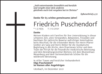 Traueranzeige von Friedrich Puschendorf von Wochenspiegel Naumburg/Nebra