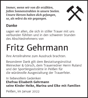Traueranzeige von Fritz Gehrmann von Trauerkombi Bernburg