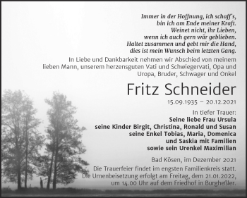 Traueranzeige von Fritz Schneider von Wochenspiegel Naumburg/Nebra