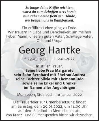 Traueranzeige von Georg Hantke von Naumburger Tageblatt