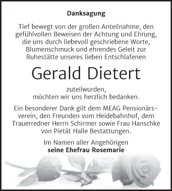 Traueranzeige von Gerald Dietert von Mitteldeutsche Zeitung Halle/Saalkreis