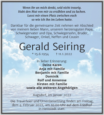 Traueranzeige von Gerald Seiring von Trauerkombi Mansfelder Land
