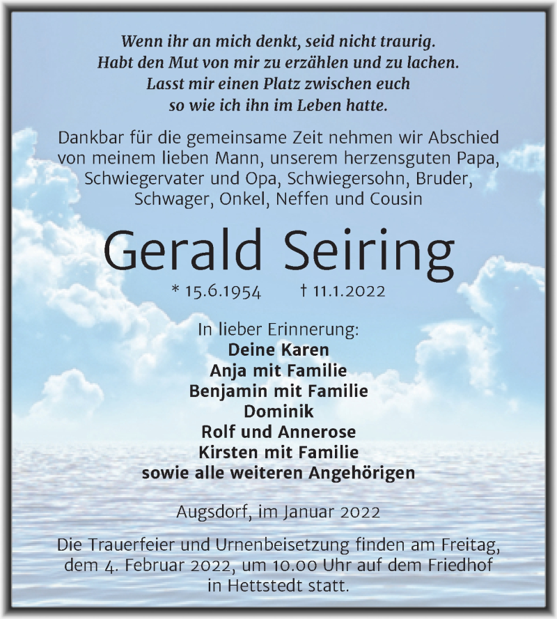  Traueranzeige für Gerald Seiring vom 19.01.2022 aus Trauerkombi Mansfelder Land