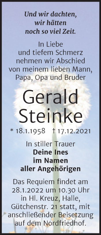 Traueranzeige von Gerald Steinke von Mitteldeutsche Zeitung Halle/Saalkreis