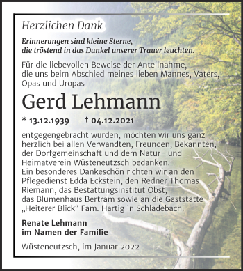 Traueranzeige von Gerd Lehmann von Trauerkombi Merseburg
