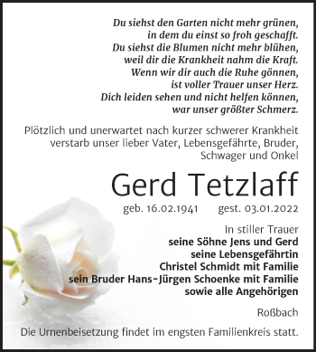 Traueranzeige von Gerd Tetzlaff von Wochenspiegel Naumburg/Nebra