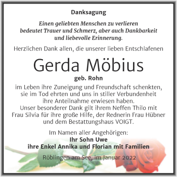 Traueranzeige von Gerda Möbius von Trauerkombi Mansfelder Land