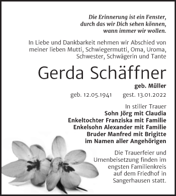 Traueranzeige von Gerda Schäffner von Trauerkombi Sangerhausen