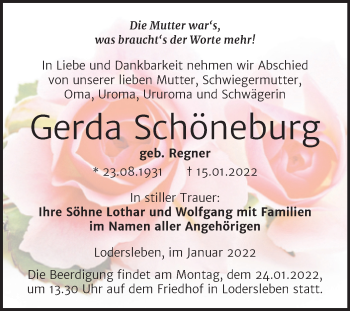 Traueranzeige von Gerda Schöneburg von Trauerkombi Merseburg