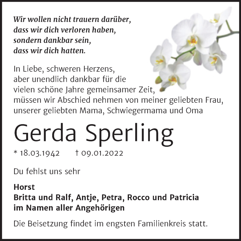  Traueranzeige für Gerda Sperling vom 26.01.2022 aus Mitteldeutsche Zeitung Sangerhausen