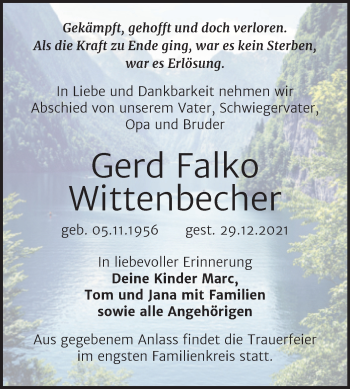 Traueranzeige von Gerd Falko Wittenbecher von Naumburger Tageblatt