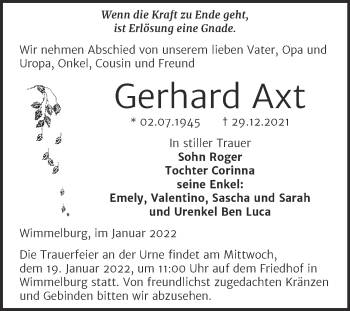 Traueranzeige von Gerhard Axt von Trauerkombi Mansfelder Land