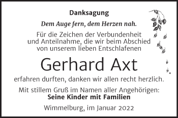 Traueranzeige von Gerhard Axt von Trauerkombi Mansfelder Land