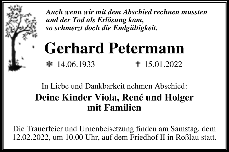  Traueranzeige für Gerhard Petermann vom 22.01.2022 aus Trauerkombi Dessau