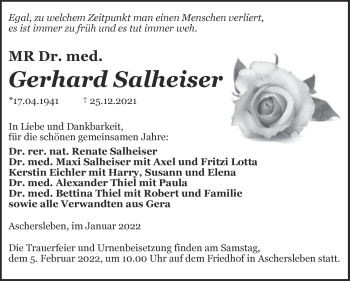 Traueranzeige von Gerhard Salheiser von Trauerkombi Aschersleben