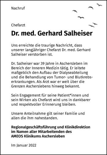 Traueranzeige von Gerhard Salheiser von Mitteldeutsche Zeitung Aschersleben
