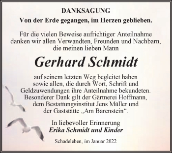Traueranzeige von Gerhard Schmidt von Trauerkombi Aschersleben