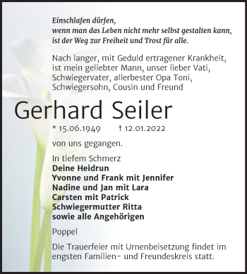 Traueranzeige von Gerhard Seiler von Wochenspiegel Naumburg/Nebra