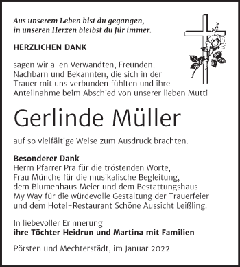 Traueranzeige von Gerlinde Müller von Trauerkombi Weißenfels