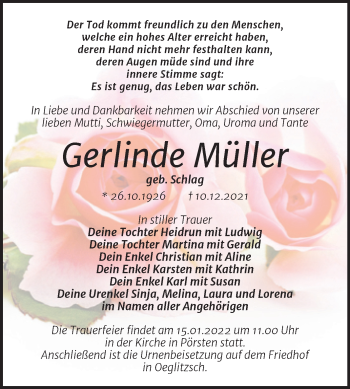 Traueranzeige von Gerlinde Müller von Trauerkombi Weißenfels