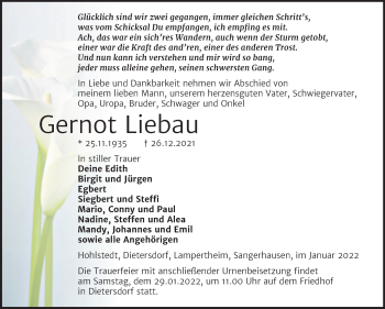 Traueranzeige von Gernot Liebau von Trauerkombi Sangerhausen