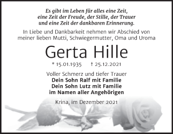 Traueranzeige von Gerta Hille von Trauerkombi Bitterfeld